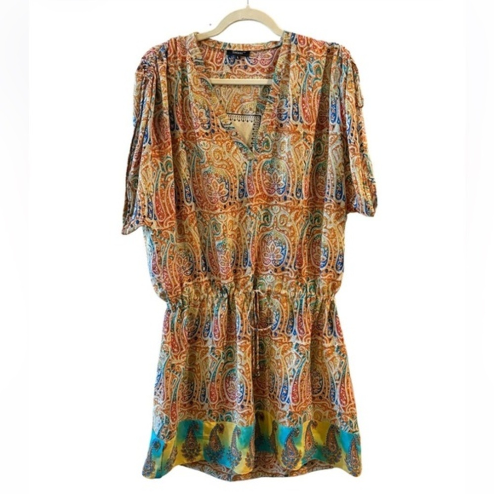 Tolani Silk Tunic Dress Boho Paisley Mini Dress Drawstring Waist Pocket Size L